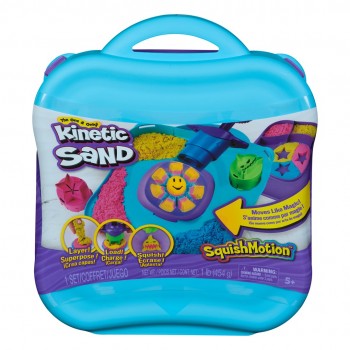 Kinetic Sand , SquishMotion with 1lb Pink, Yellow & Blue Play Sand, Stamper & 5 Tools, Storage Case, Sensory Toys for Kids Ages 5 and up