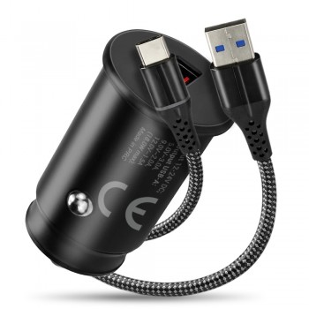 Car charger 1 X USB QC3.0 18W black + cable USB-C 1m