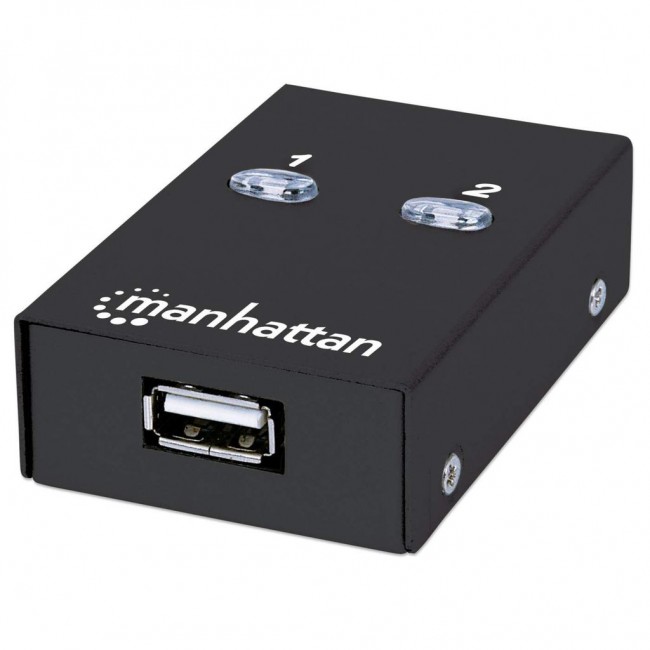 Manhattan USB-A Automatic Sharing Switch, 2x USB-B Ports, 480 Mbps (USB 2.0), Dual Control (Auto-Sensing or Manual), Bus Powered, Hi-Speed USB, inc 1x 1.5m USB-A to USB-B cable, Black, Three Year Warranty, Blister