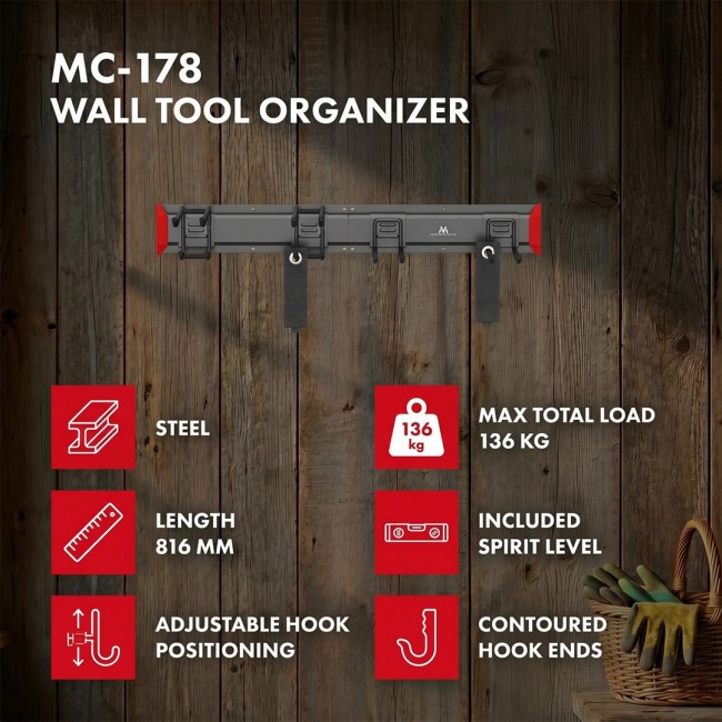 Maclean Wall-Mounted Tool Organizer, steel, max. load 136 kg, width 816 mm, MC-178