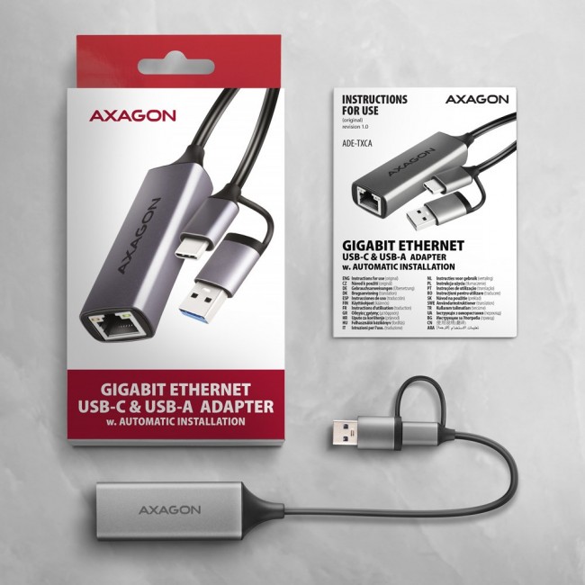AXAGON ADE-TXCA Gigabit Ethernet Adapter, USB-C + USB-A - Titanium Grey AXAGON ADE-TXCA Gigabit Ethernet Adapter, USB-C + USB-A - Titanium Grey