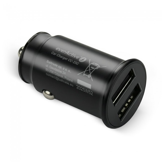 Car charger 2 X USB 12W black + cable USB-C 1m