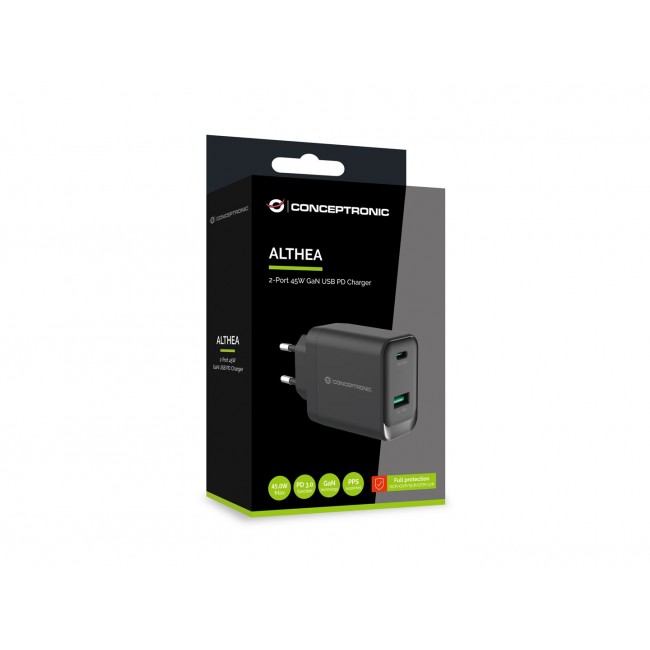 Conceptronic ALTHEA20B45 2-Port 45W GaN USB PD Charger, USB-C x 1, USB-A x 1, QC 3.0, PPS, PD 3.0