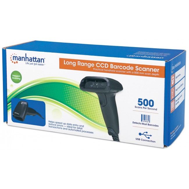 Manhattan Long Range CCD Handheld Barcode Scanner, USB, 500mm Scan Depth, Cable 1.5m, Max Ambient Light 10,000 lux (sunlight), Black, Three Year Warranty Manhattan Long Range CCD Handheld Barcode Scanner, USB, 500mm Scan Depth, Cable 1.5m, Max Ambient Light 10,000 lux (sunlight), Black, Three Year Warranty