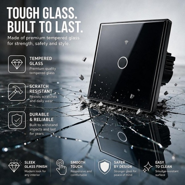 Qoltec 52711 Smart Touch 1-Gang Light Switch | Wi-Fi | Timer | Tuya | Smart Life | Tempered Glass | Black