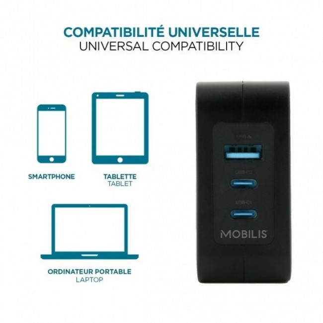 Mobilis Charger 100W 2USB C 1USBA GaN cable 100W Laptop, Smartphone, Tablet Black AC Indoor