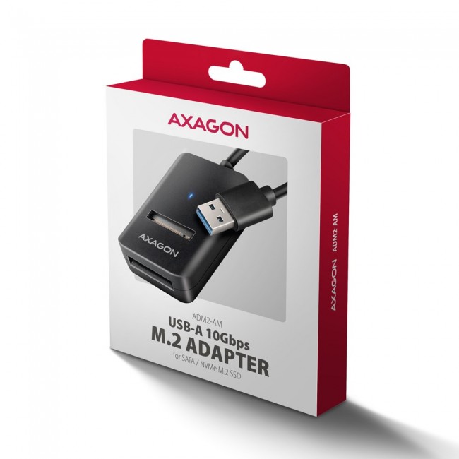 Axagon ADM2-AM USB-A 10Gbps - M.2 NVMe & SATA SSD adapt r, kabelis USB-A 10cm SSD enclosure Black