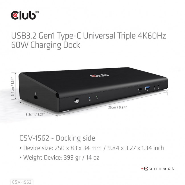 CLUB3D The CSV-1562 is an USB3.2 Gen1 Type-C Universal Triple 4K30Hz Charging Docking Station and is DisplayLink Certified. The Universal Charging Dock CLUB3D The CSV-1562 is an USB3.2 Gen1 Type-C Universal Triple 4K30Hz Charging Docking Station and is DisplayLink Certified. The Universal Charging Dock