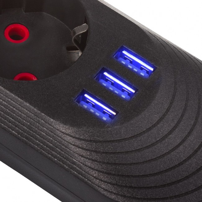 Maclean power strip, 5 socket extension cable + 3xUSB, 110-240V AC 50/60Hz, 2.1A max 2500W, 1.5m, black, MCE395 B