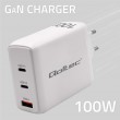 Qoltec 100W GaN Wall Charger | 5-20V | 1.5-5A | 2 x USB-C PD | 1 x USB QC 3.0 | White