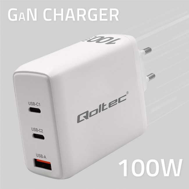 Qoltec 100W GaN Wall Charger | 5-20V | 1.5-5A | 2 x USB-C PD | 1 x USB QC 3.0 | White