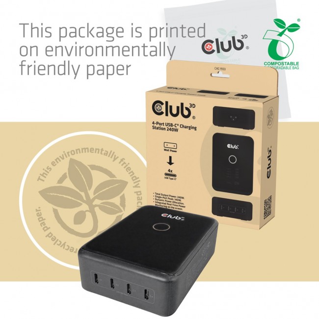 CLUB3D CAC-1933 4-Port USB-C Charging Station 240W GaN PD 3.1 + PPS + LED Display