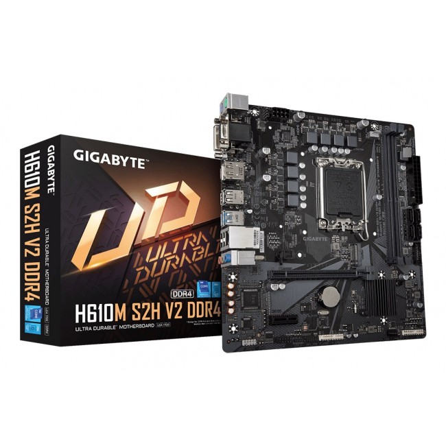 GIGABYTE H610M S2H V2 DDR4 Motherboard - Supports Intel Core 14th CPUs, 6+1+1 Hybrid Phases Digital VRM, up to 3200MHz DDR4 (OC), 1xPCIe 3.0 M.2, GbE LAN, USB 3.2 Gen 1