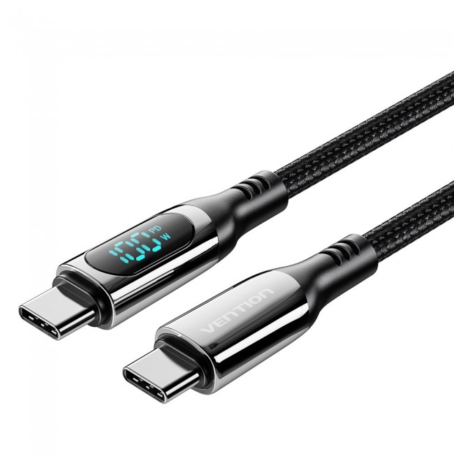 Vention Cotton Braided USB 2.0 C Male to C Male 5A Cable With LED Display 1.2M Black Zinc Alloy Type Vention Cotton Braided USB 2.0 C Male to C Male 5A Cable With LED Display 1.2M Black Zinc Alloy Type
