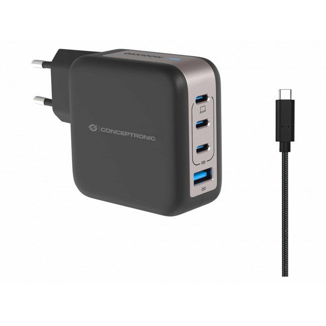 Conceptronic 4-Port 100W GaN USB PD Charger with USB-C Charging Cable, USB-C x 3, USB-A x 1, QC 3.0, PPS