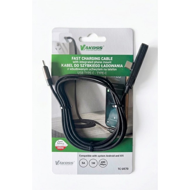 Vakoss TC-U570 USB-C to USB-C Cable with Stand Function, 100W, 1m, Black