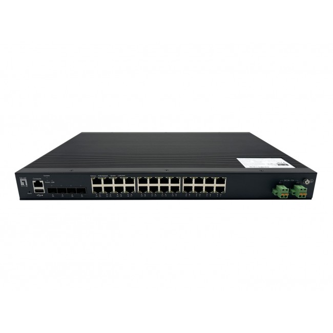 LevelOne 28-Port L2 Plus Managed PoE Industrial Switch, 4 x 1/2.5/10GbE SFP+, 24 PoE Outputs, 370W, 802.3AF/AT/BT PoE, 19 LevelOne 28-Port L2 Plus Managed PoE Industrial Switch, 4 x 1/2.5/10GbE SFP+, 24 PoE Outputs, 370W, 802.3AF/AT/BT PoE, 19