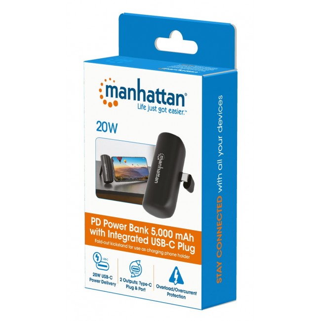 Manhattan Power Bank with integrated USB-C plug, 5000 mAh, Up to 20W output, Kickstand for Use as Charging Phone Holder, Black, One Year Warranty