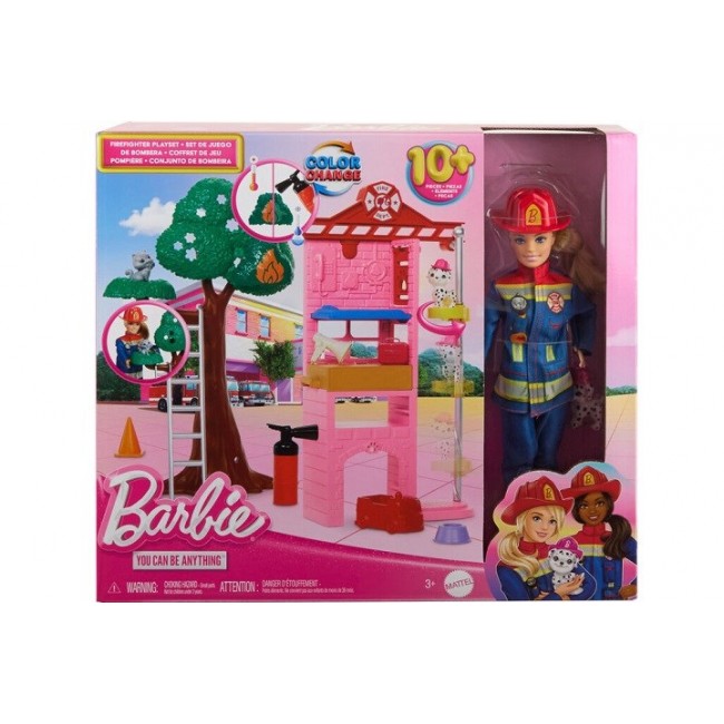 Barbie Firefighter Playset with Blonde Fashion Doll, Fire Station, 2 Pets & 10+ Accessories