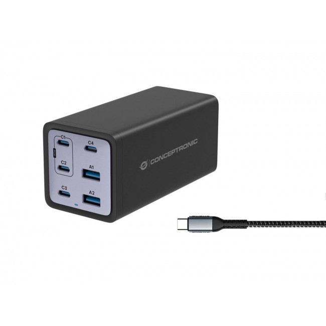 Conceptronic 6-Port 200W GaN USB PD Charger with USB-C Charging Cable, USB-C x 4, USB-A x 2, QC 3.0, PD 3.1, PPS Conceptronic 6-Port 200W GaN USB PD Charger with USB-C Charging Cable, USB-C x 4, USB-A x 2, QC 3.0, PD 3.1, PPS