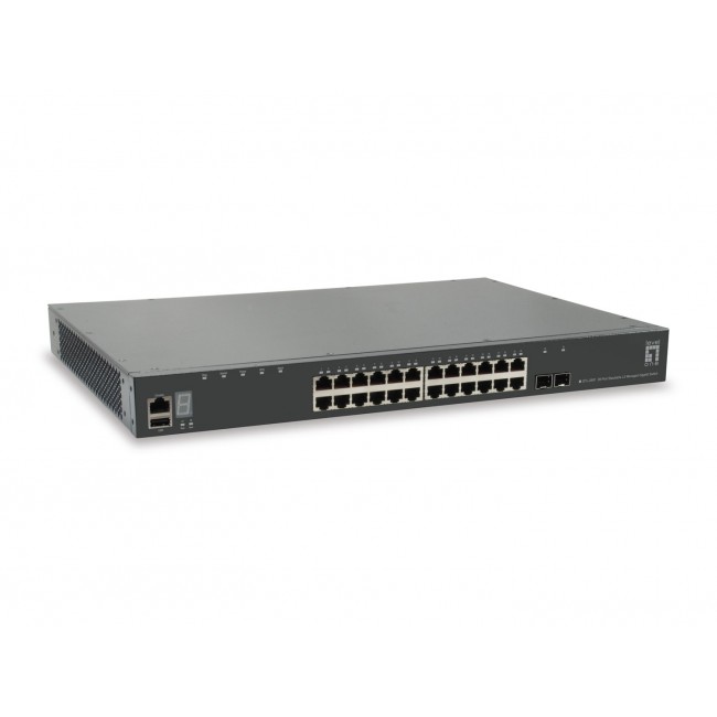 LevelOne KILBY 28-Port Stackable L3 Managed Gigabit Switch, 2 x 10GbE SFP+, 1 x 10GbE Module Slot LevelOne KILBY 28-Port Stackable L3 Managed Gigabit Switch, 2 x 10GbE SFP+, 1 x 10GbE Module Slot