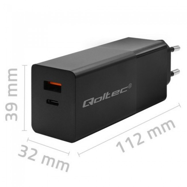 Qoltec GaN POWER PRO Charger | 1xUSB-C | 1xUSB | 100W | 5-20V | 1.5-5A | XP | Black