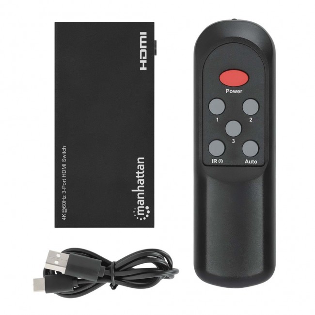 Manhattan 4K@60Hz 3-Port HDMI Switch, Switches Between Three HDMI Inputs on One HDMI Output (3x1), 18G, Automatic and Manual Switching, IR Remote Control, Black