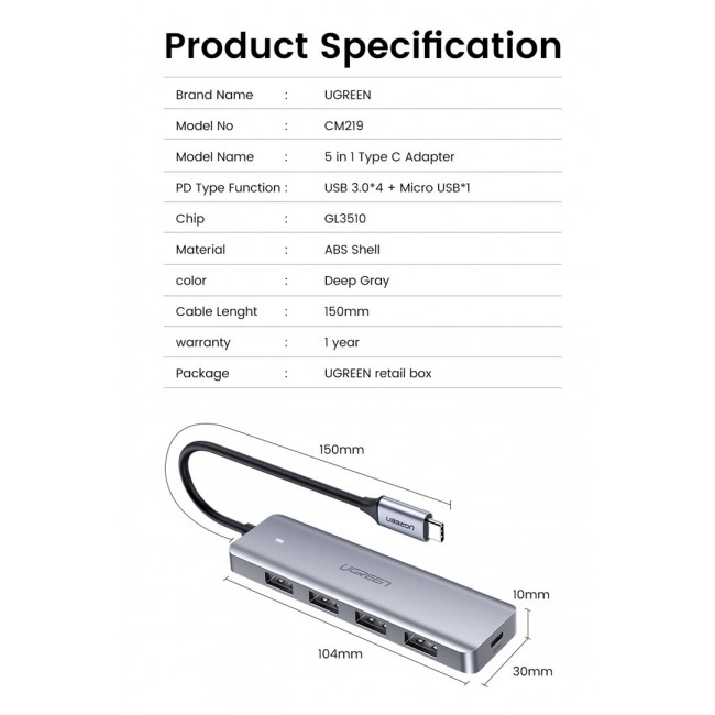 Ugreen 70336 interface hub USB 3.2 Gen 1 (3.1 Gen 1) Type-C 5000 Mbit/s Ugreen 70336 interface hub USB 3.2 Gen 1 (3.1 Gen 1) Type-C 5000 Mbit/s