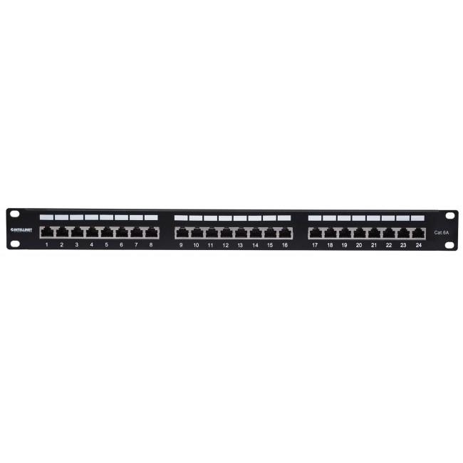 Intellinet Patch Panel, Cat6a, FTP, 24-Port, 1U, Shielded, 90 Top-Entry Punch Down Blocks, Black
