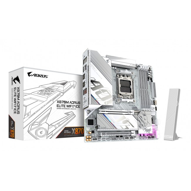 GIGABYTE X870M AORUS ELITE WIFI7 ICE Motherboard - Supports AMD Ryzen 9000 CPUs, 14+2+2 Phases Digital VRM, up to 8200Hz DDR5 (O.C), 1xPCIe 5.0 + 1xPCIe 4.0, Wi-Fi 7, 2.5 GbE LAN, USB 4