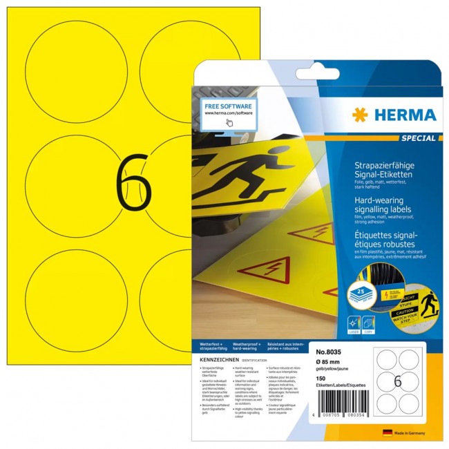 HERMA Signs signalling hard-wearing A4 85 mm round yellow strong adhesion film matt weatherpr 150 pcs.