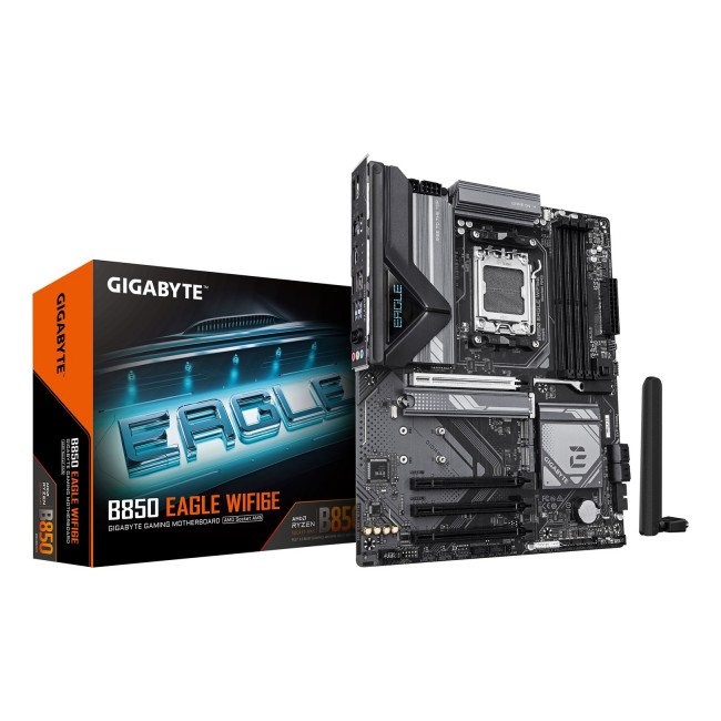 GIGABYTE B850 EAGLE WIFI6E Motherboard - AMD Ryzen 9000 Series CPUs, 8+2+2 Phases Digital VRM, up to 8200MHz DDR5 (OC), 1xPCIe 5.0 + 2xPCIe 4.0 M.2, GbE LAN, WIFI 6E, USB 3.2 Gen 2 GIGABYTE B850 EAGLE WIFI6E Motherboard - AMD Ryzen 9000 Series CPUs, 8+2+2 Phases Digital VRM, up to 8200MHz DDR5 (OC), 1xPCIe 5.0 + 2xPCIe 4.0 M.2, GbE LAN, WIFI 6E, USB 3.2 Gen 2