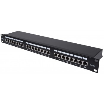Intellinet Patch Panel, Cat6a, FTP, 24-Port, 1U, Shielded, 90 Top-Entry Punch Down Blocks, Black