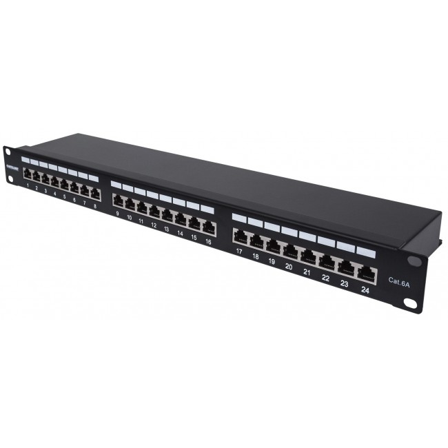 Intellinet Patch Panel, Cat6a, FTP, 24-Port, 1U, Shielded, 90 Top-Entry Punch Down Blocks, Black