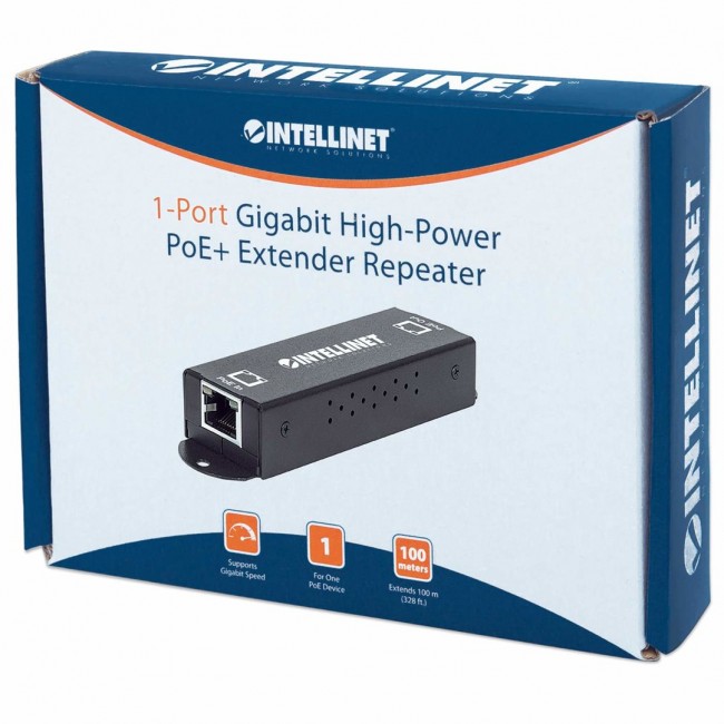 Intellinet Gigabit High-Power PoE+ Extender Repeater, IEEE 802.3at/af Power over Ethernet (PoE+/PoE), metal