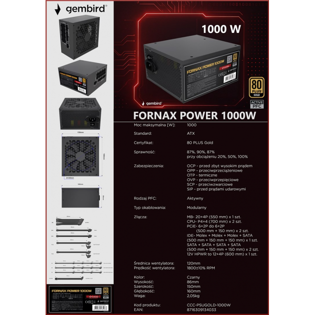 Gembird CCC-PSUGOLD-1000W Power supply unit Fornax Power 1000W active PFC 12cm fan 80+Gold Gembird CCC-PSUGOLD-1000W Power supply unit Fornax Power 1000W active PFC 12cm fan 80+Gold