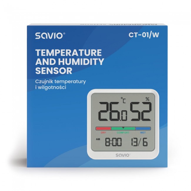 SAVIO Wireless weather station, temperature and humidity sensor, for indoor use, LCD screen, clock, date, handle with magnet, CT-01/W White