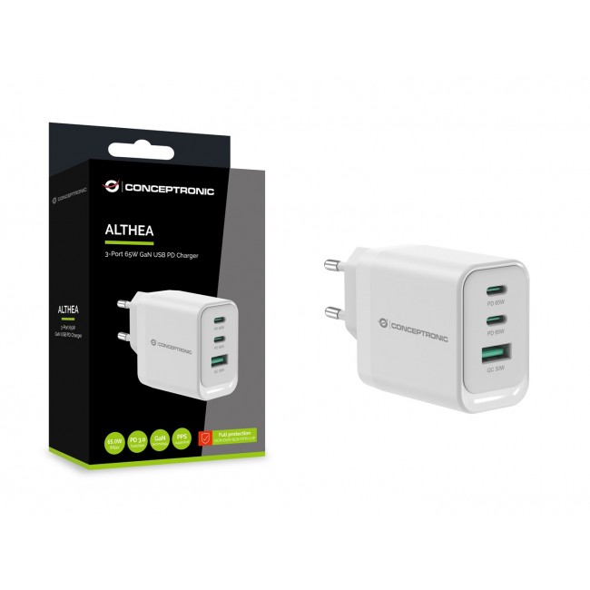 Conceptronic ALTHEA21W65 3-Port 65W GaN USB PD Charger, USB-C x 2, USB-A x 1, QC 3.0, PPS, PD 3.0 Conceptronic ALTHEA21W65 3-Port 65W GaN USB PD Charger, USB-C x 2, USB-A x 1, QC 3.0, PPS, PD 3.0