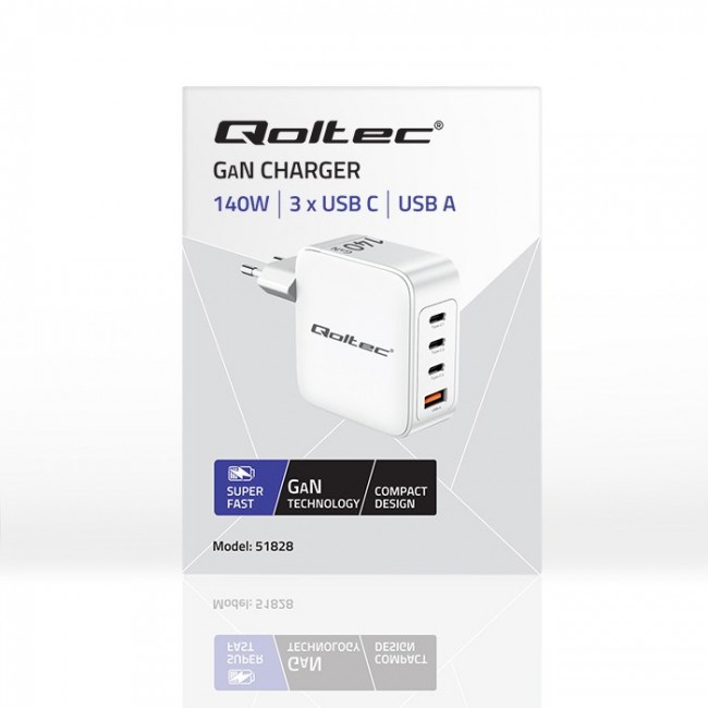 Qoltec 140W GaN Wall Charger | 5-20V | 2.5-5A | 3 x USB-C PD | 1 x USB QC 3.0 | White