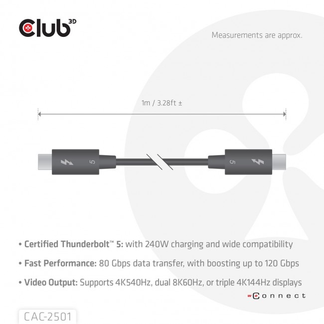 CLUB3D Thunderbolt 5 Certified 8K240Hz Data 80/120 Gbps EPR 240 Watt Cable M/M 1m / 3.28ft