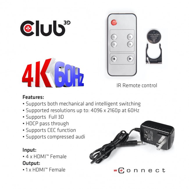 CLUB3D HDMI 2.0 UHD 4K60Hz SwitchBox 4 ports and included IR Remote control