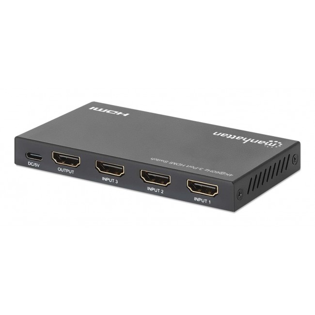 Manhattan 4K@60Hz 3-Port HDMI Switch, Switches Between Three HDMI Inputs on One HDMI Output (3x1), 18G, Automatic and Manual Switching, IR Remote Control, Black