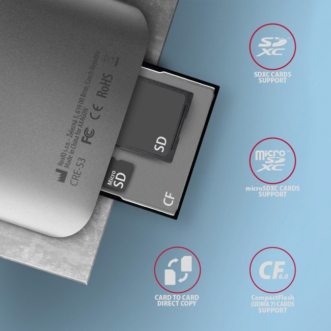 Axagon CRE-S3 External USB-A 3.2 Gen 1 3-slot & lun SD/microSD/CF card reader USB 3.2 Gen 1 (3.1 Gen 1) Type-A Grey Axagon CRE-S3 External USB-A 3.2 Gen 1 3-slot & lun SD/microSD/CF card reader USB 3.2 Gen 1 (3.1 Gen 1) Type-A Grey