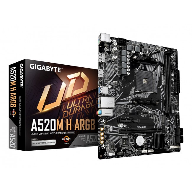 GIGABYTE A520M H ARGB Motherboard - Supports AMD Ryzen 5000 Series CPUs, up to 5100MHz DDR4 (OC), PCIe 3.0 x4 M.2, 1 GbE LAN, USB 3.2 Gen 1