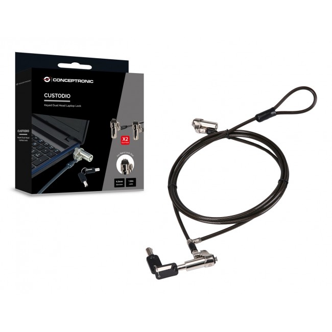 Conceptronic CUSTODIO02BNTM Keyed Dual Head Laptop Lock, Nano Lock Slot, Master Keyed Compatible, 1.8m