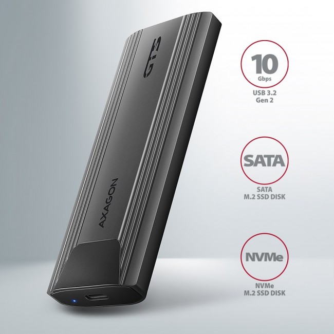 Axagon EEM2-GTS2 External USB-C 10Gbps metal box for M.2 NVMe & SATA SSD disks. Screwless