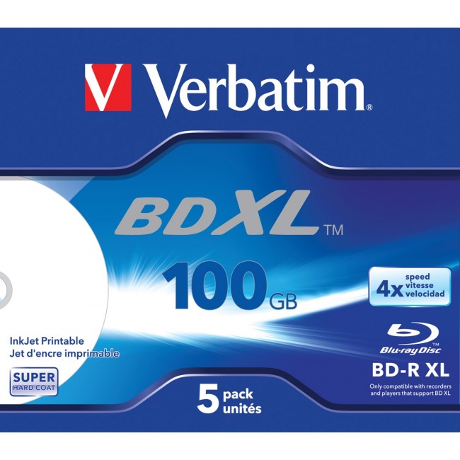 Verbatim BD-R XL 100GB* 4x Wide Inkjet Printable 5 Pack Jewel Case Verbatim BD-R XL 100GB* 4x Wide Inkjet Printable 5 Pack Jewel Case