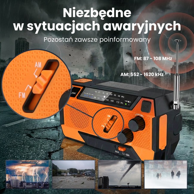 Extralink RADIO AWARYJNE SOLARNE Z KORBKA DYNAMO POWERBANK 4000MAH Z LATARKA SOS SR-4000 Portable Analog Black, Orange