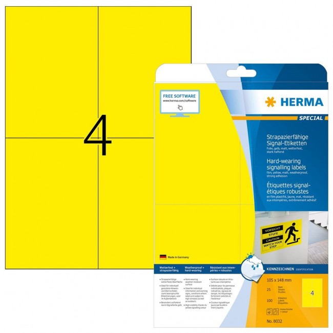 HERMA Signs signalling hard-wearing A4 105x148 mm yellow strong adhesion film matt weatherproof 100 pcs.