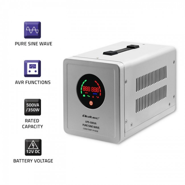 Qoltec 50716 Uninterruptible power supply Pure Sine Wave UPS | 500VA | 350W | constant phase | Grey